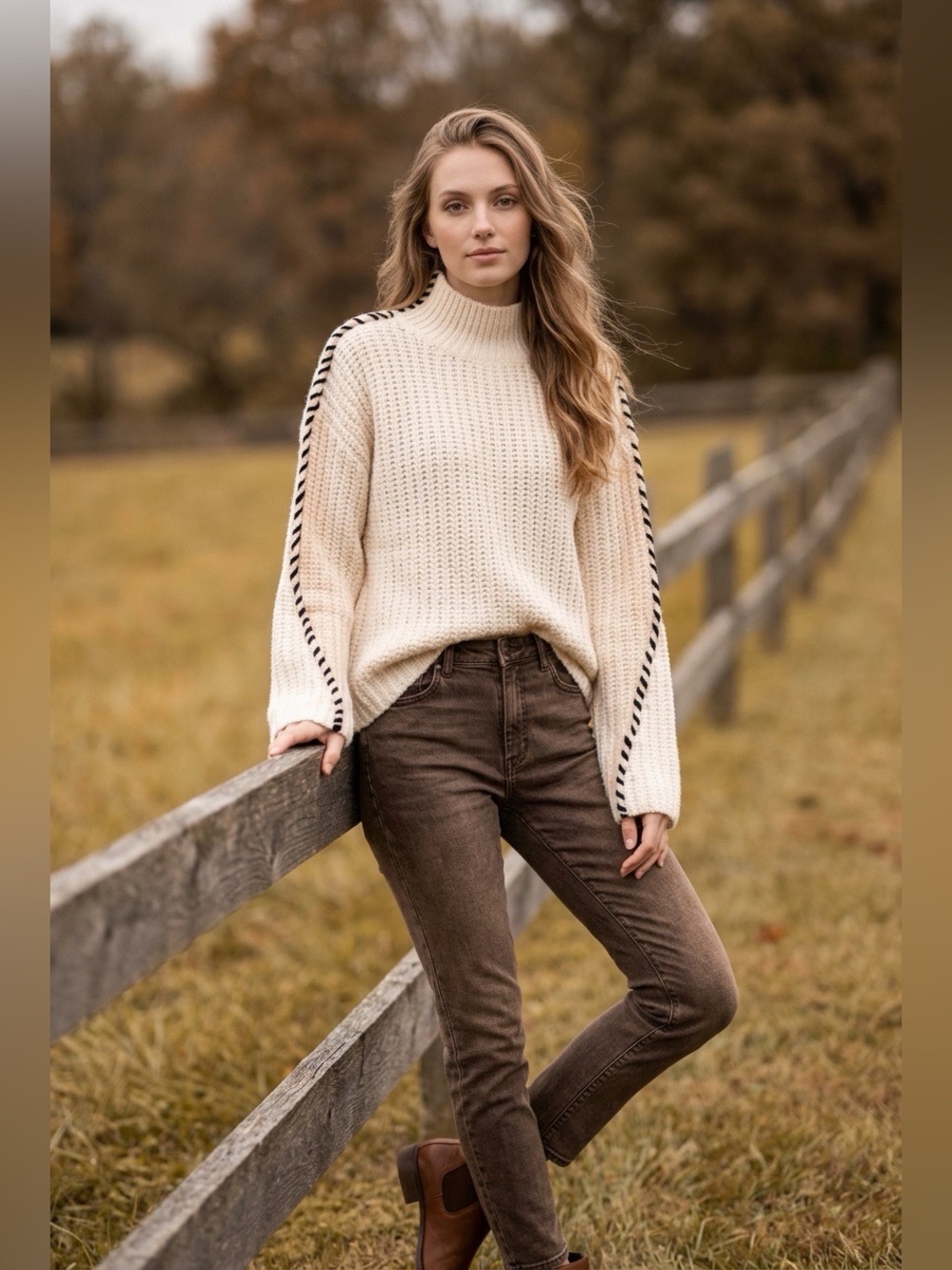 Design History Cream Chunky Knit Turtleneck Whipstitch Sweater Small